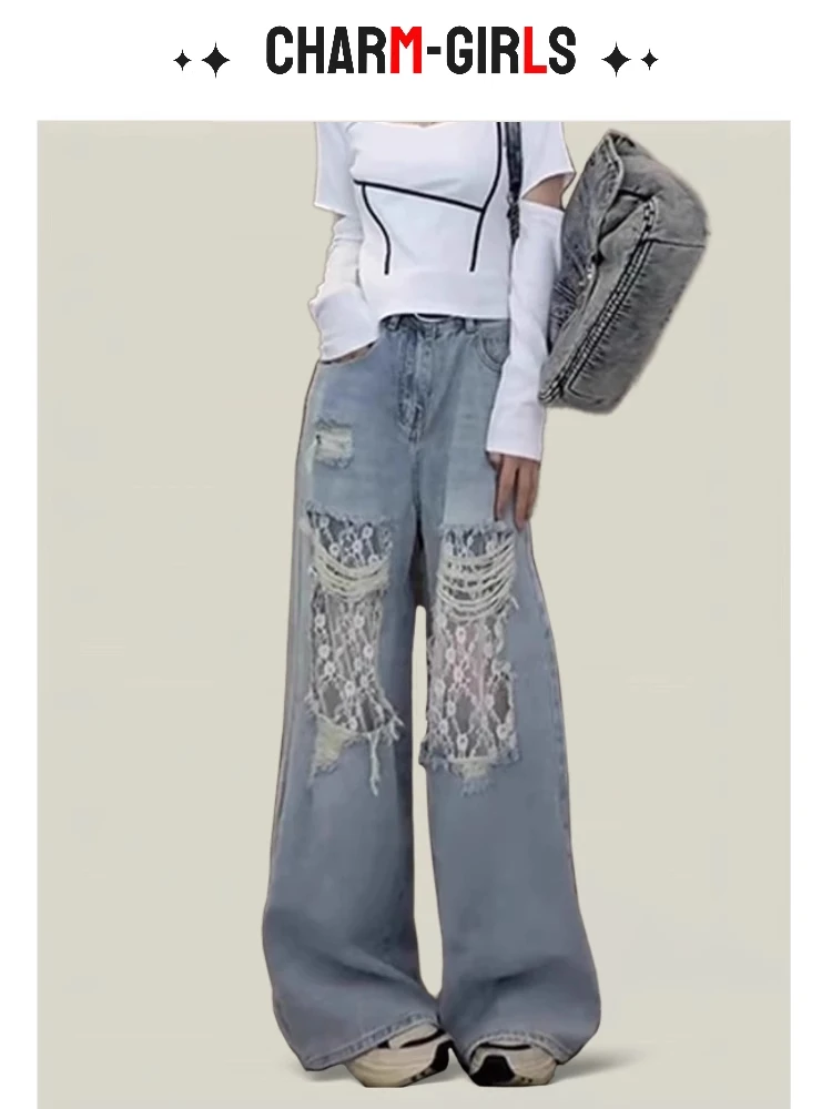 浅蓝色高腰蕾丝破洞牛仔裤女2025新款夏宽松阔腿直筒拼接长裤潮