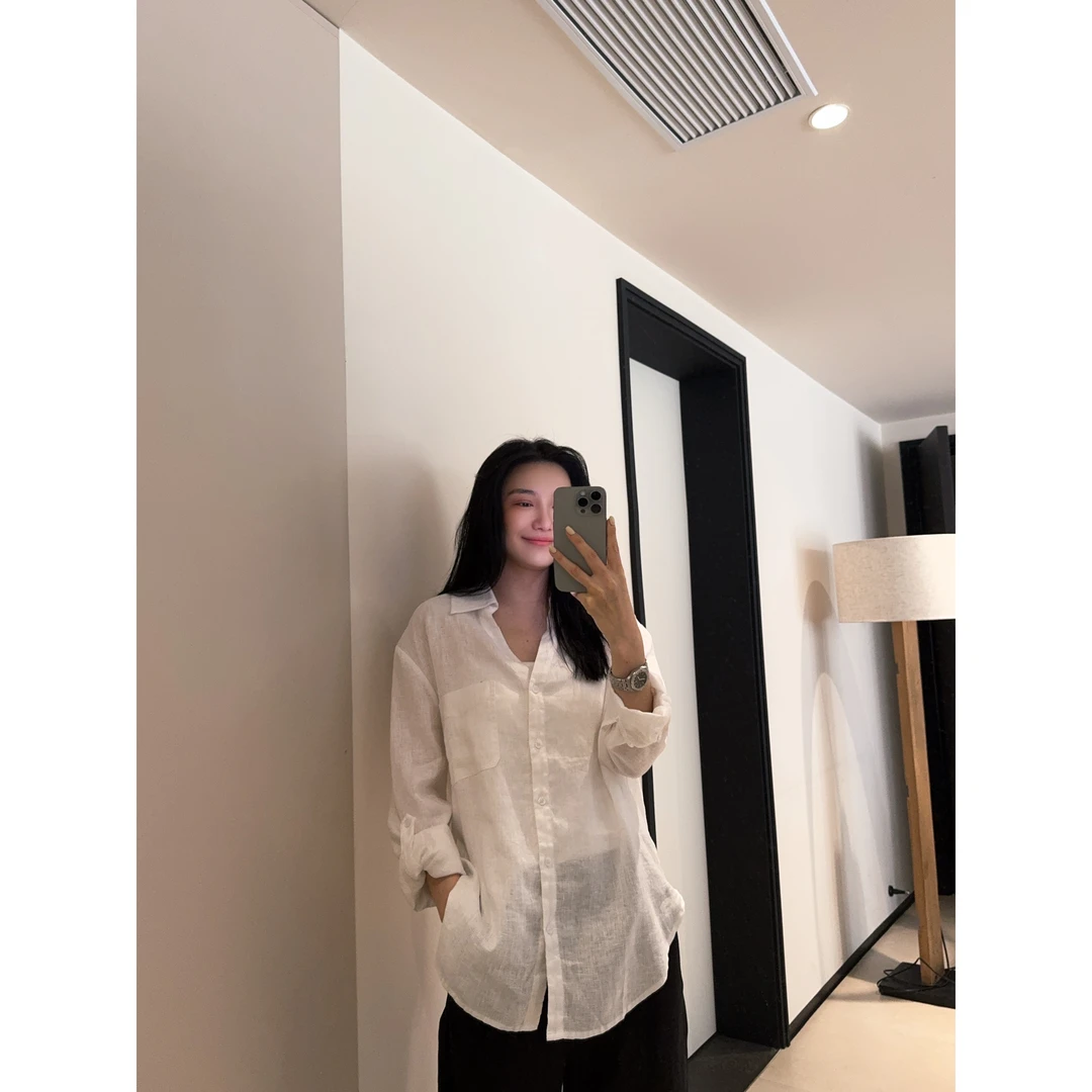 [IAMMEIYA] -大骨架穿搭 100%亚麻V领型衬衫25038