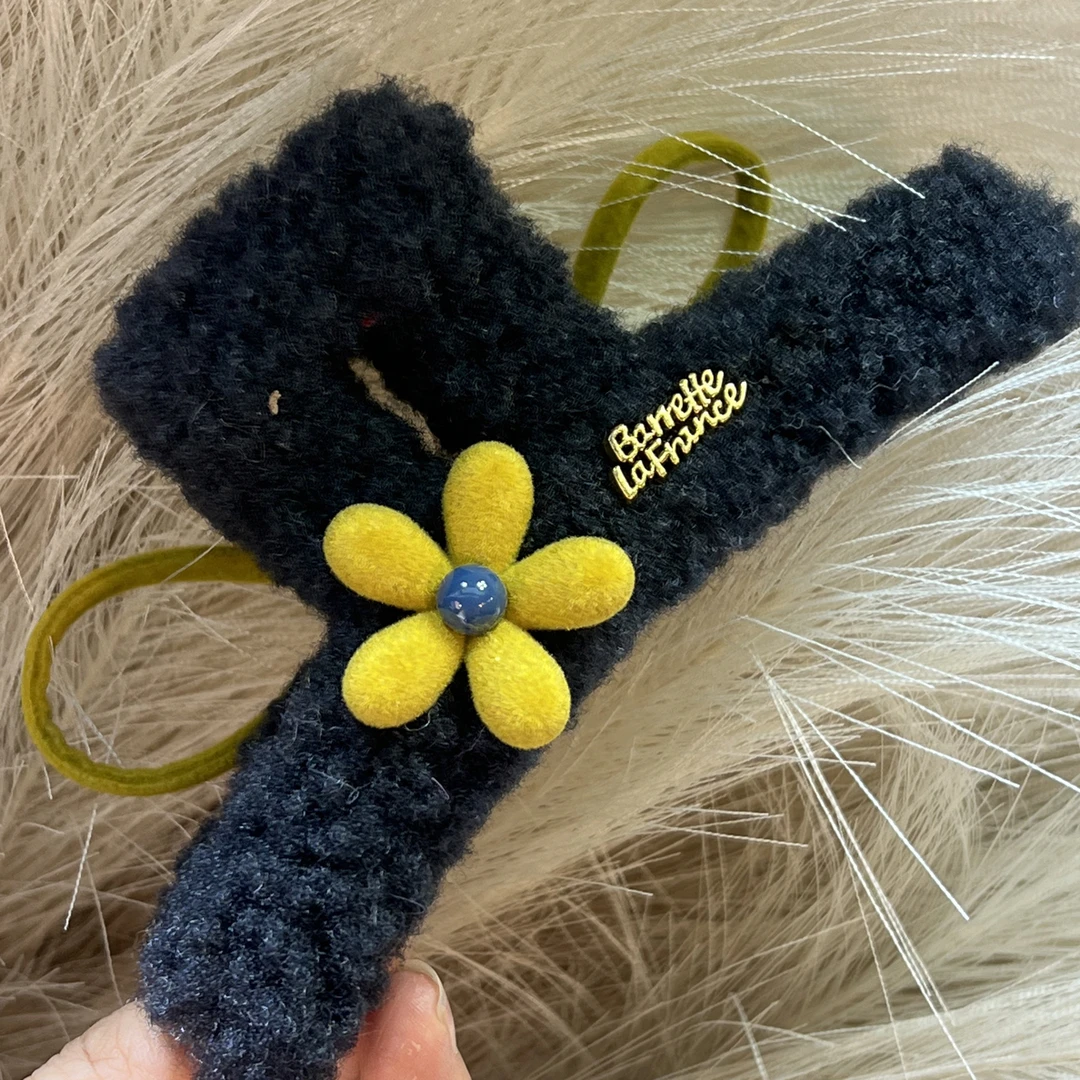 【13cm蓝色羊羔毛花朵抓夹】原创设计韩版秋冬休闲简约抓夹百搭少女