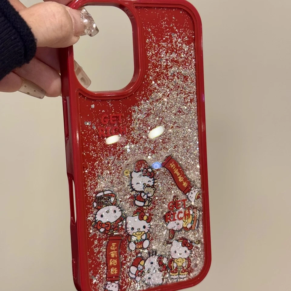 红底财神元宝猫咪流沙适用苹果16pro手机壳创意iPhone15新款14女