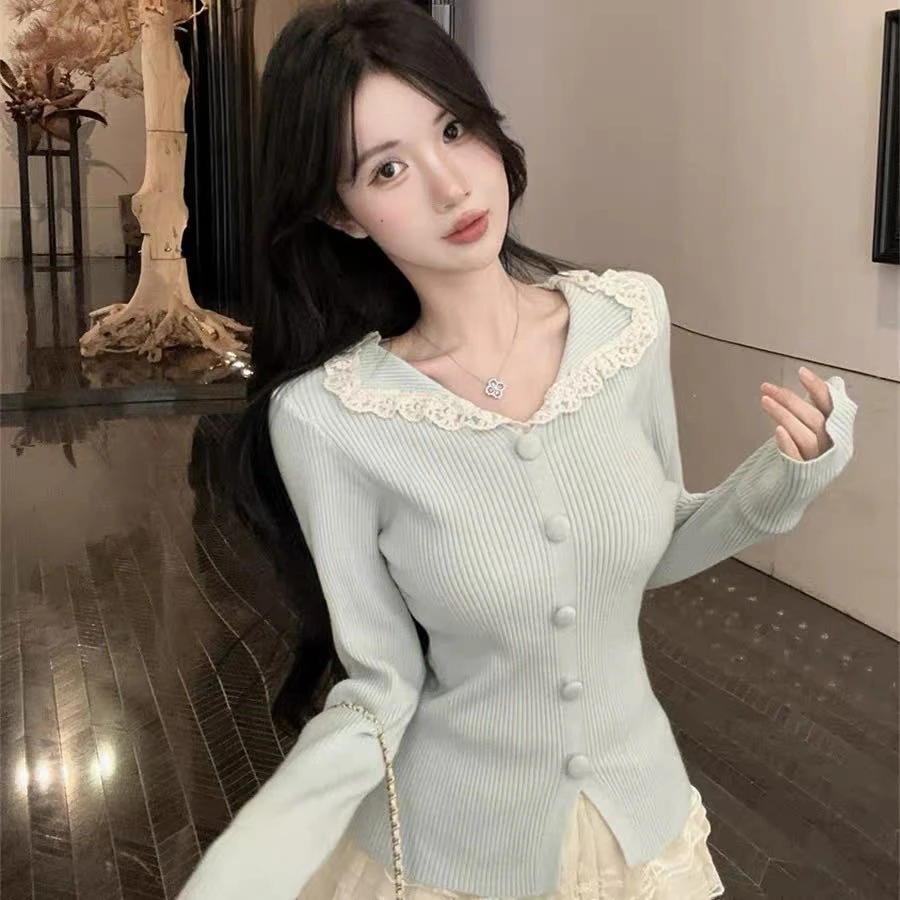 秋冬新款温柔风精致蕾丝花边娃娃领针织衫慵懒上衣女527#0.1