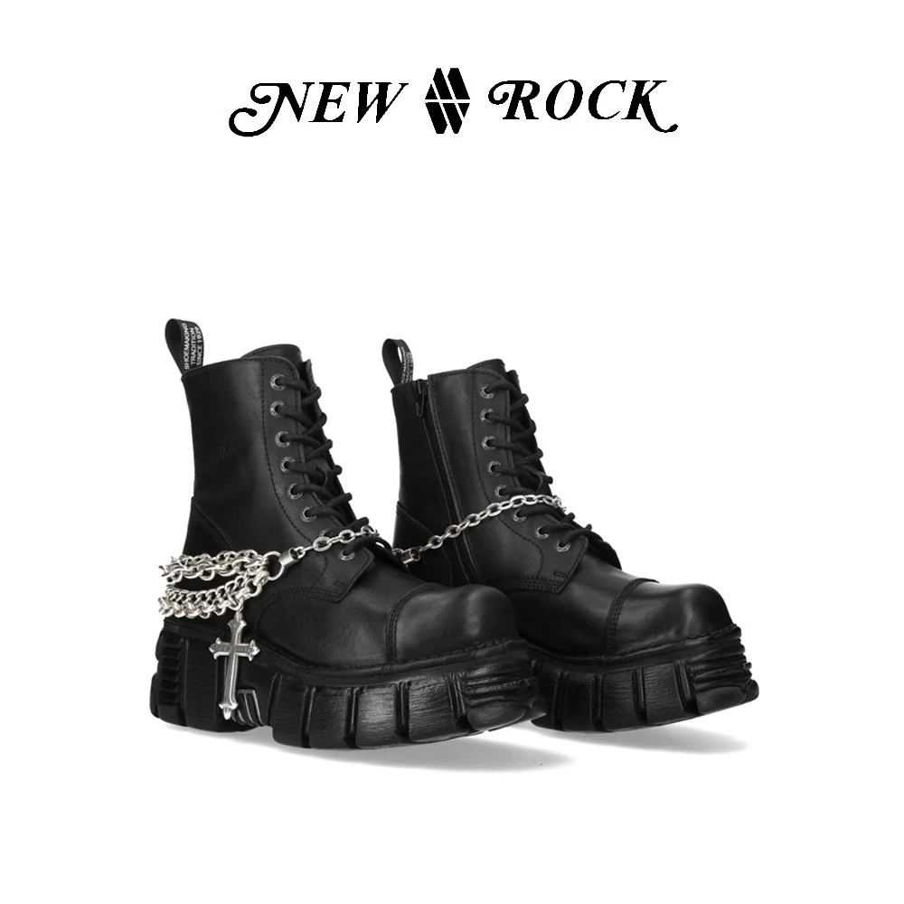 NEWROCK25秋冬新款可拆卸金属链条暗黑哥特辣妹厚底增高马丁靴