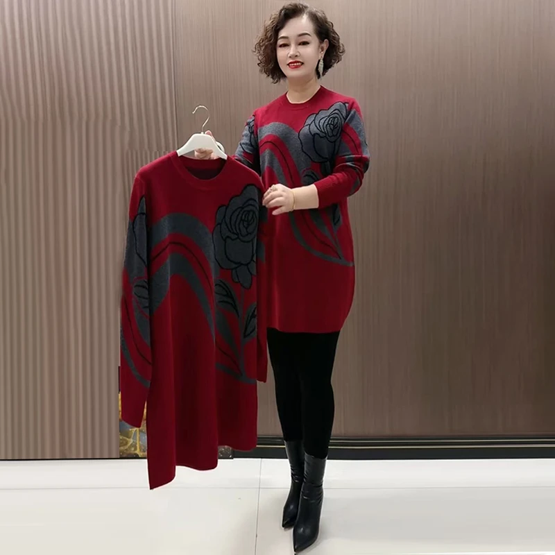 2025洋气妈妈秋冬大版针织衫中长款提花打底裙宽松遮肉毛衣裙子女