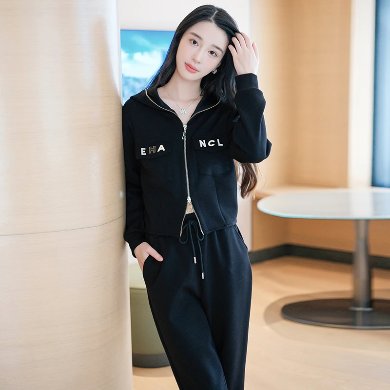 MIUCO休闲连帽双头拉链开衫外套+高腰束口裤运动套装【现货】