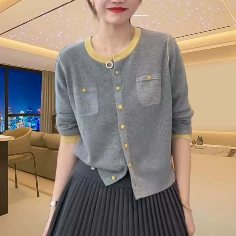 春季新款圆领宽松显瘦长袖针织开衫女2025时尚洋气撞色薄款打底衫