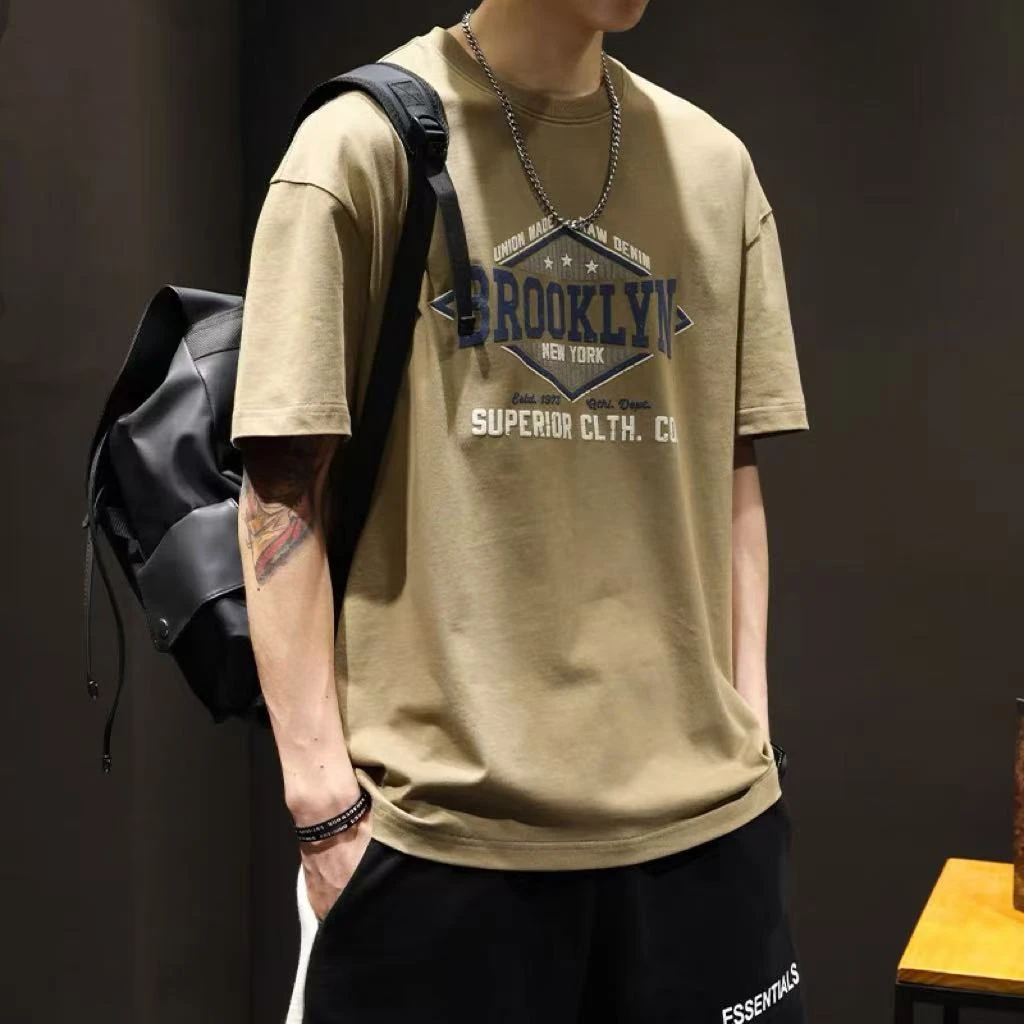 纯棉新款男士百搭半袖T恤港风潮流休闲印花T恤简约宽松-6450