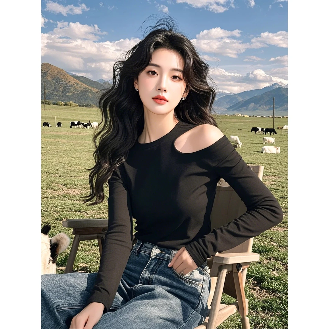 2025春季新款爆款炸街减龄时尚小个子超好看黑色露肩打底长袖T恤