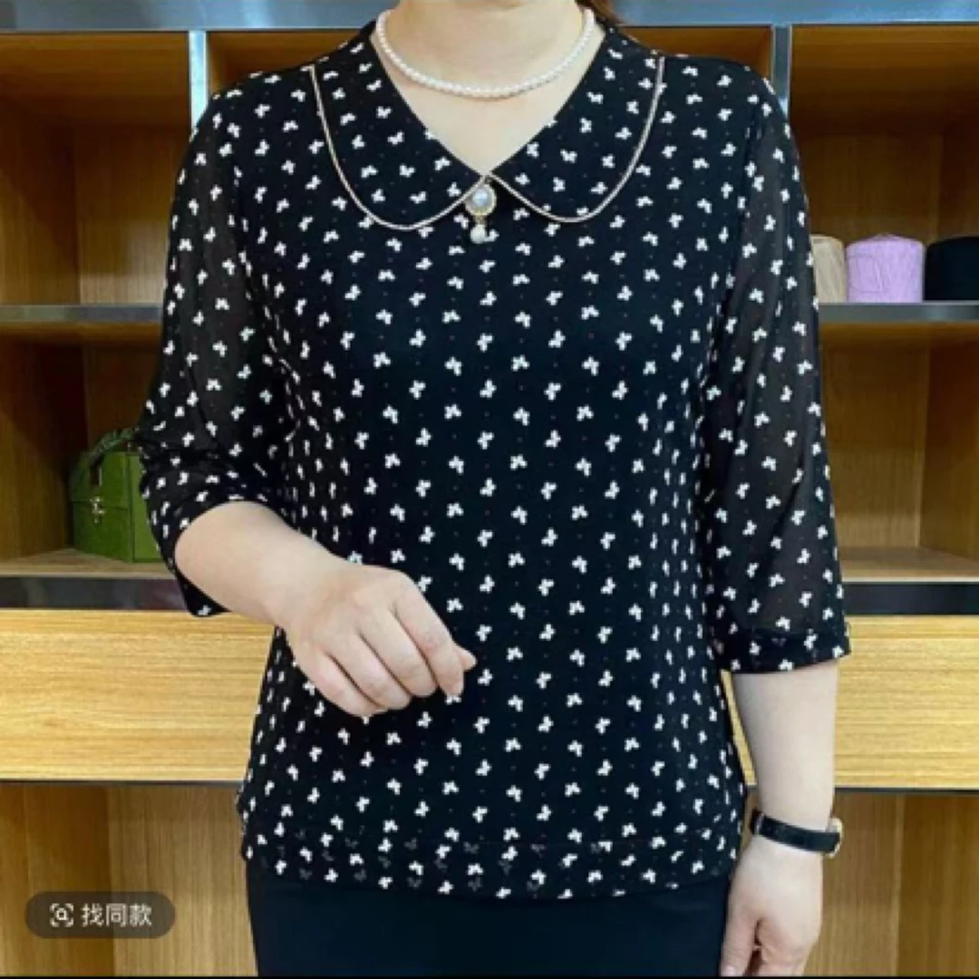 春夏季新款时尚娃娃领七分袖小衫T恤女士宽松高档网纱上衣妈妈装