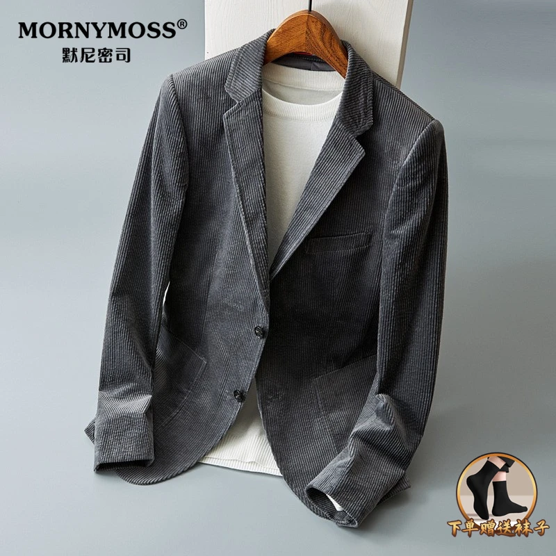灯芯绒西装外套男秋季新款条纹复古高级感商务修身帅气休闲西服男