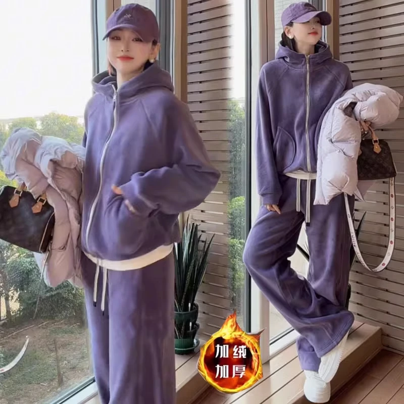 双面绒时尚套装女2025秋冬新款时髦洋气连帽外套休闲裤加厚两件套