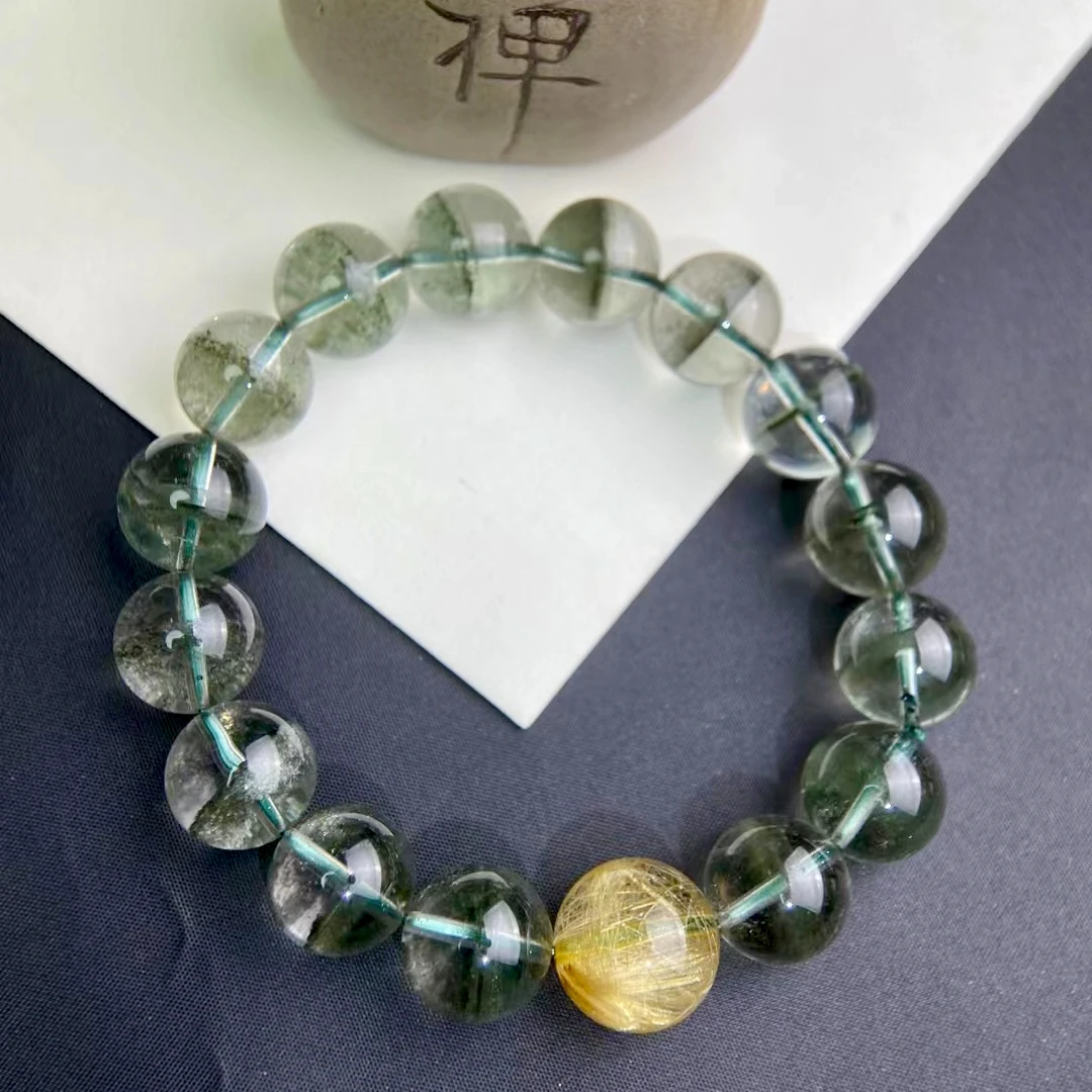天然绿幽灵水晶手链金发晶转运珠男女款招财聚宝盆玉蜜蜡手串