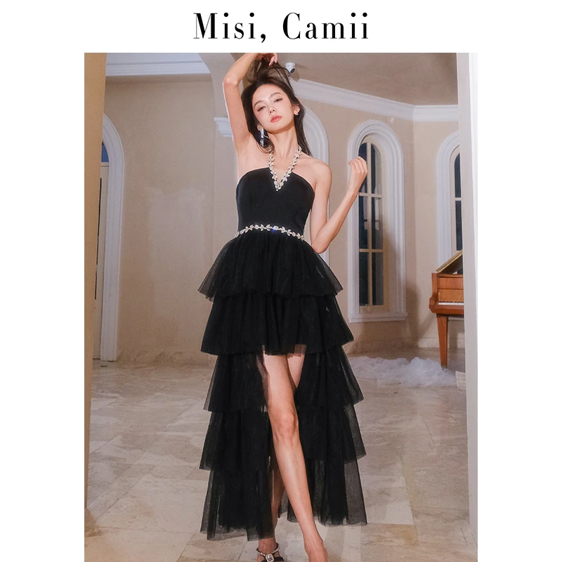 Misi,Camii挂脖网纱抹胸礼服裙气质性感轻奢高定宴会黑色长裙名媛