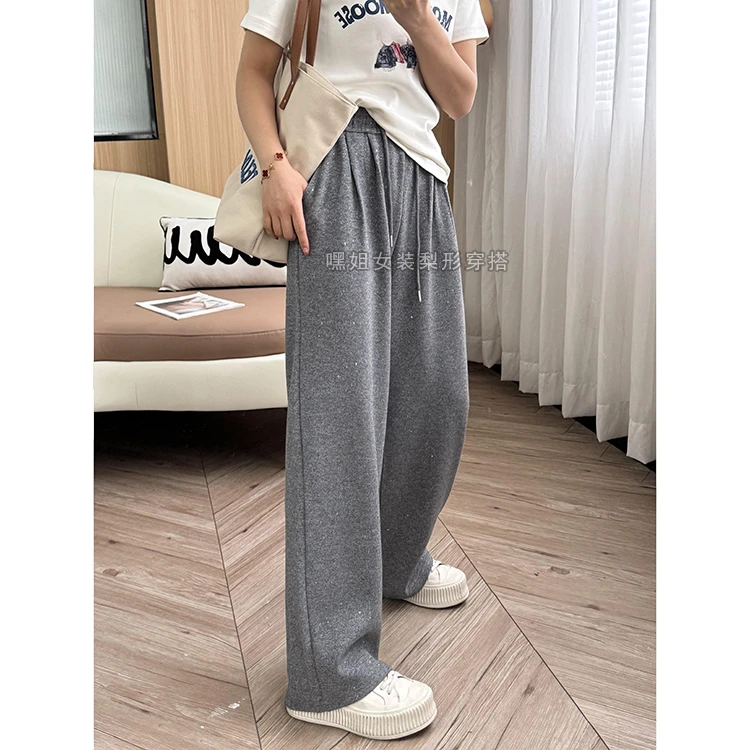 【心雨星愿】垂感高腰抽绳亮闪闪直筒裤女春季宽松遮肉显瘦休闲裤子