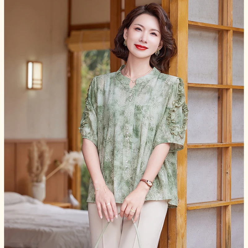中年妈妈夏装t恤小衫宽松衬衣2025新款洋气质中老年女装两件套装