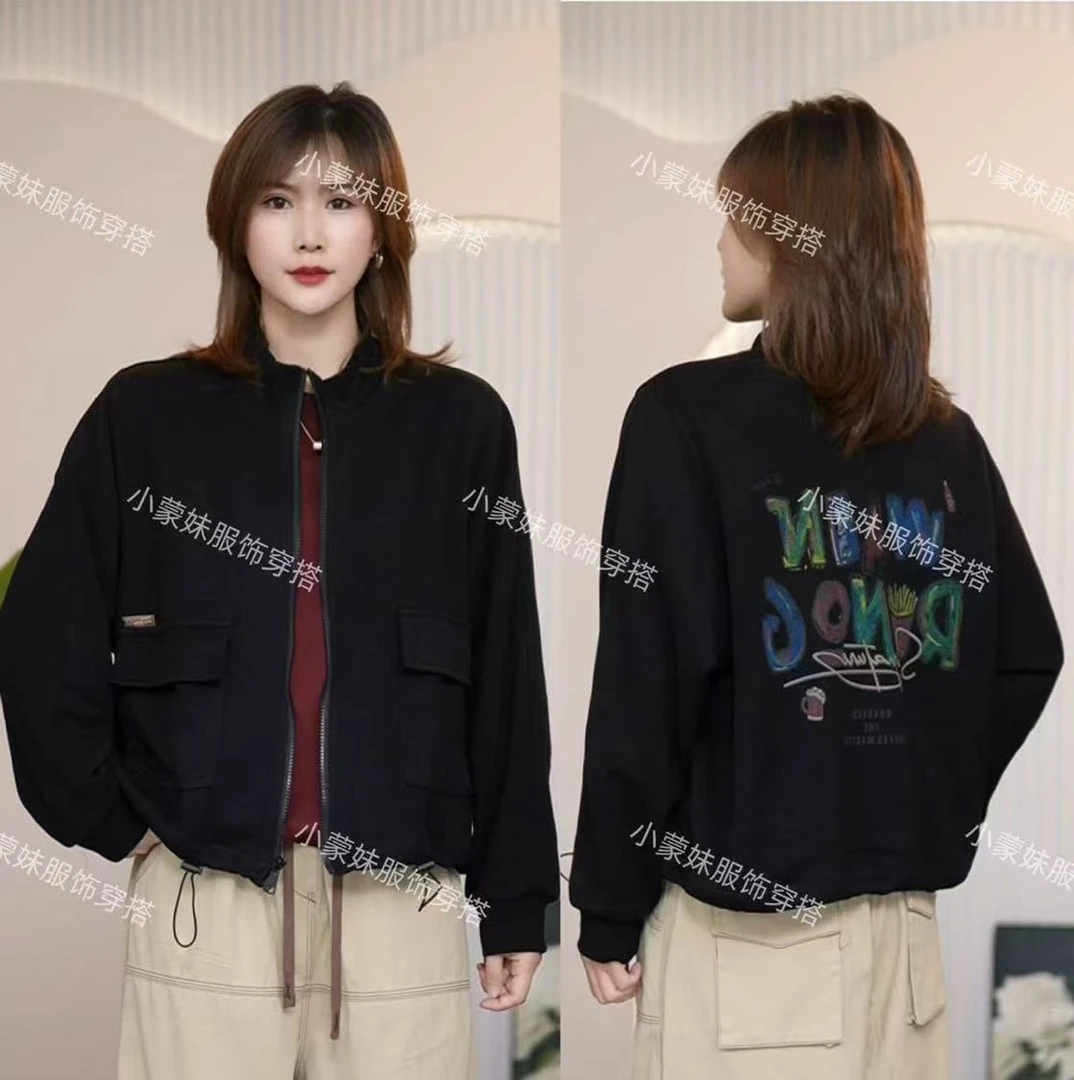 2025秋季新款立领印花拉链开衫外套休闲宽松显瘦百搭大口袋女上衣