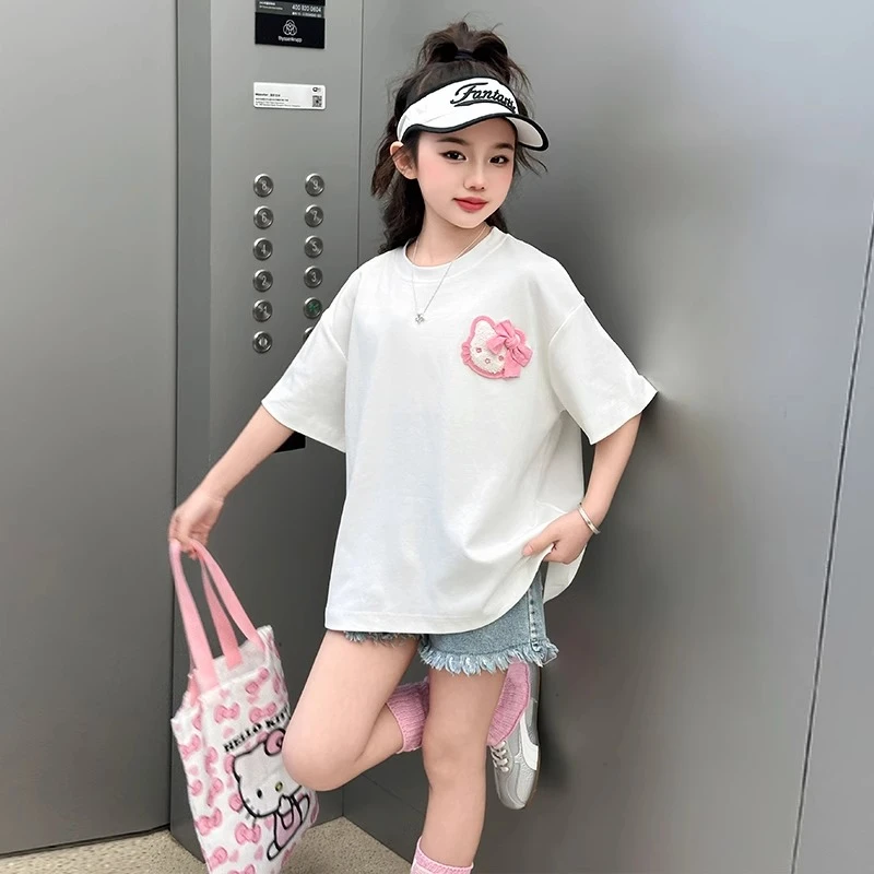 女童KT猫短袖t恤送包包2025新款夏装白色百搭打底衫女孩夏季短裤T