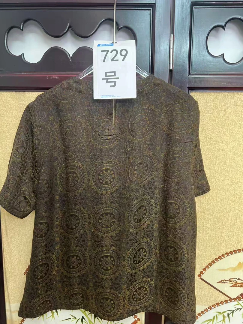 【729】中袖水洗气质拼接短袖提花恤设计师休闲黑色运动女上衣