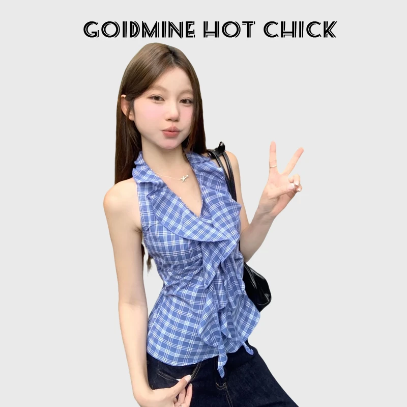 2025夏季蓝色格子挂脖吊带小背心女露背蝴蝶结收腰荷叶边无袖上衣