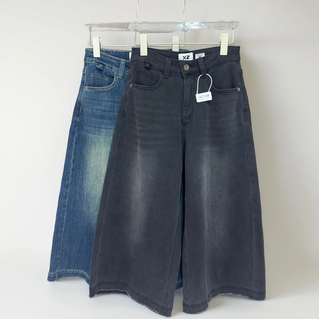 X2POPO韩版正版大码微胖显瘦百搭大弹力阔腿黑色软牛仔7分裤9分裤