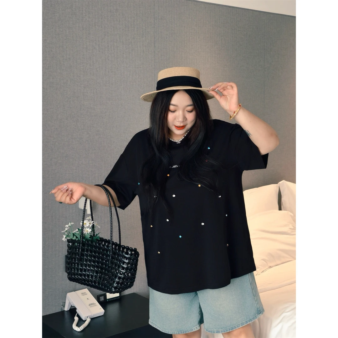 大码女装夏季时尚简约花契200斤胖mm美式重工手缝钻短袖T恤4310