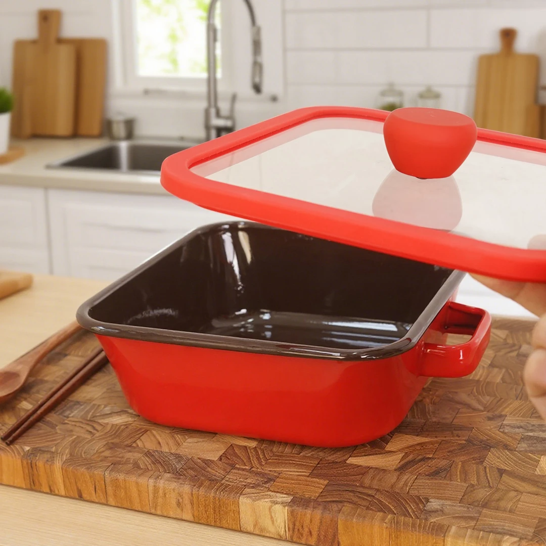 韩式搪瓷方形红色双耳锅炖锅火锅泡面锅煲汤明火电磁炉通用