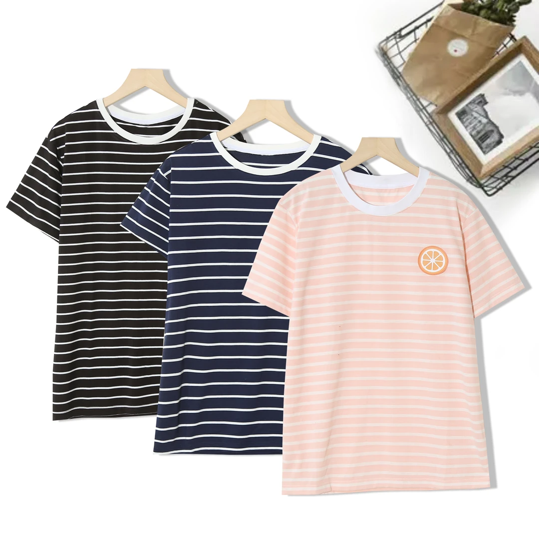 潮流新款男女同款短袖刺绣夏宽松圆领百搭条纹简约风T恤P-2G421