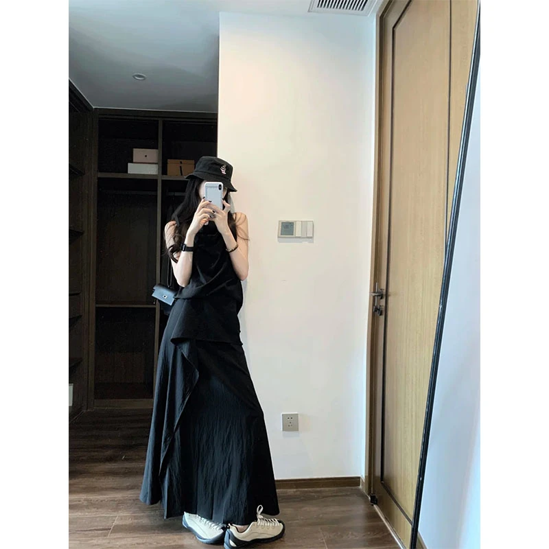 夏季新款修身显瘦穿搭设计感小众无袖上衣气质时尚收腰A字半身裙