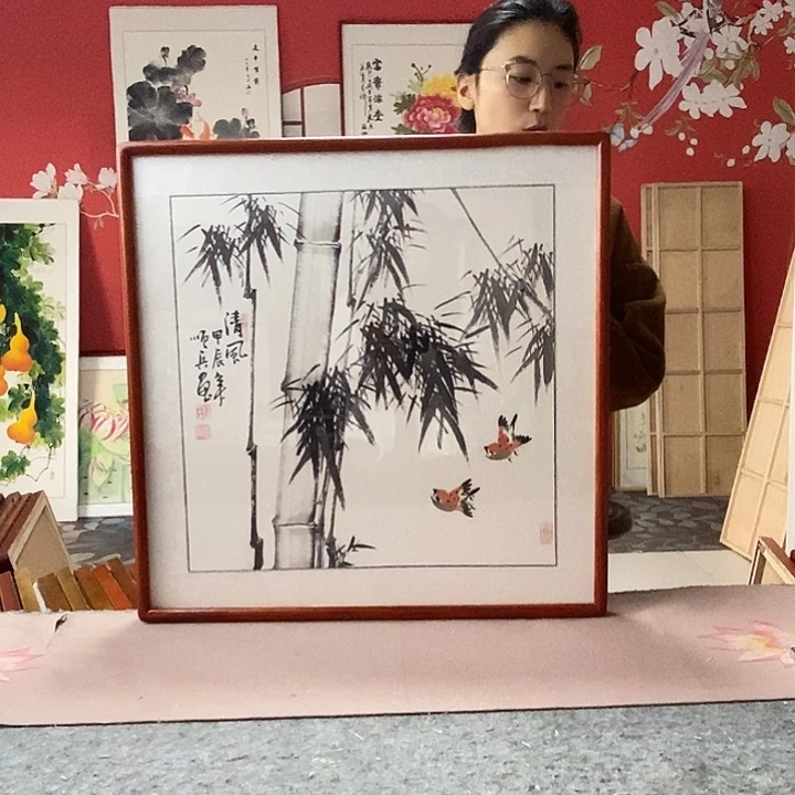 国画手写手绘带框包邮国画作品62✖️62