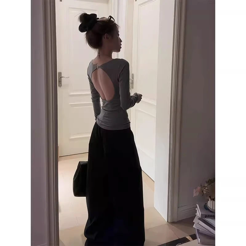 美式辣妹一字镂空肩露设计感背长袖T恤女25新款薄款小众收腰上衣