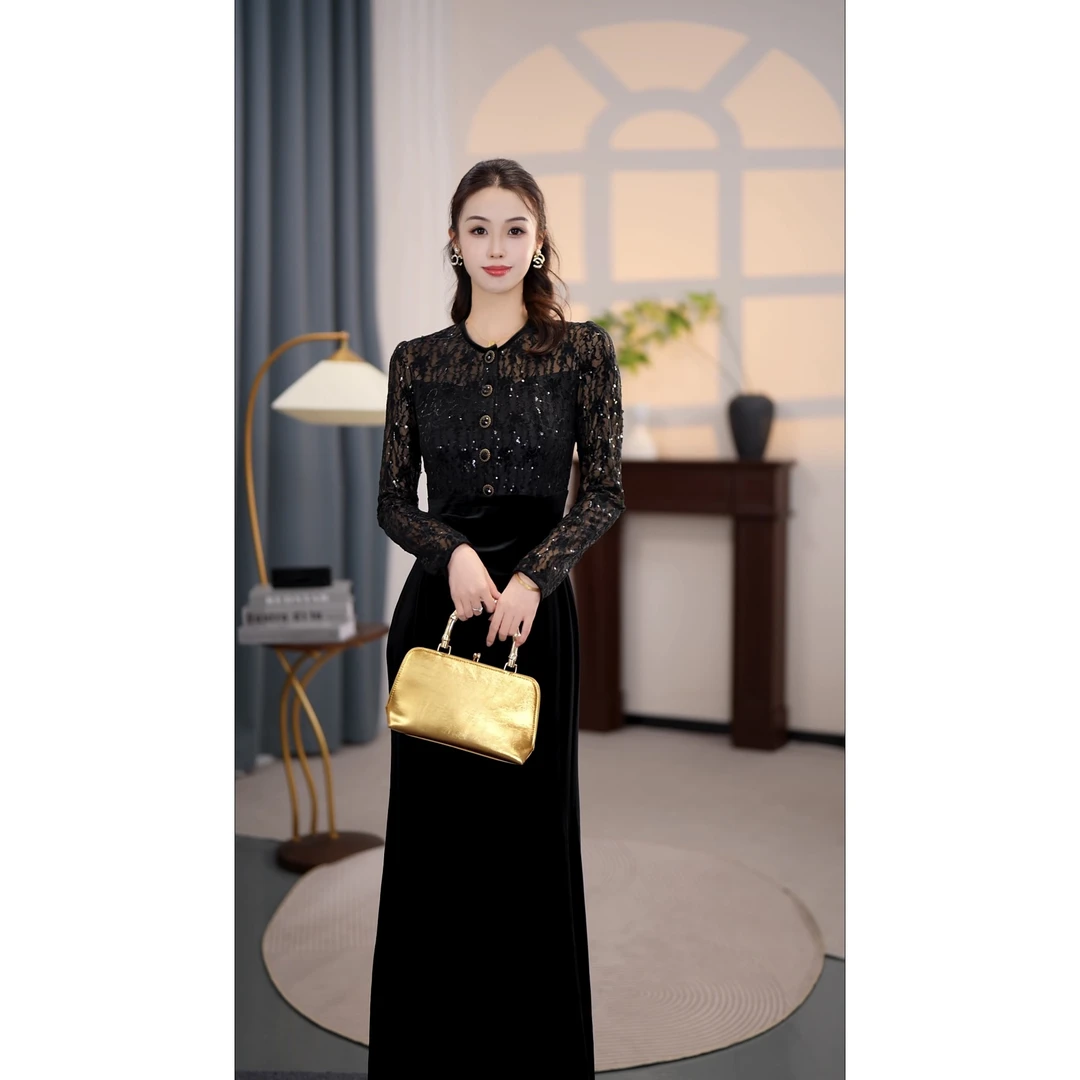 【宸相曦】瑶池夜宴秋季新款法式气质收腰显瘦鱼尾连衣裙-YL11124