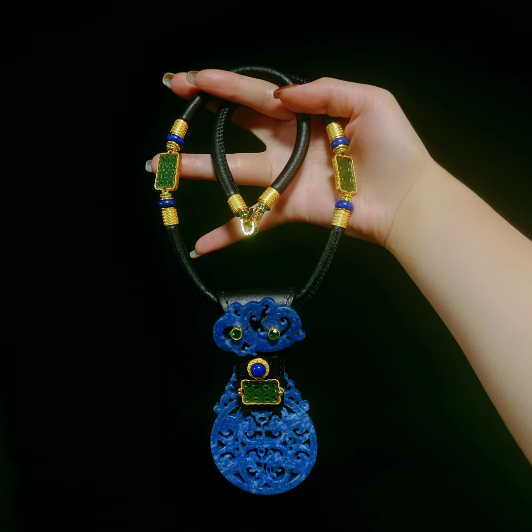 国风原创青金石龙镂空雕刻平安牌设计款项链/毛衣链【天玺珠宝】