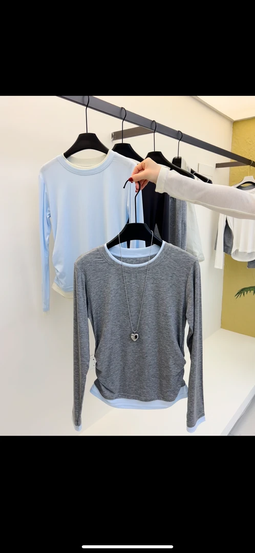 秋季新款圆领假两件上衣简约时尚