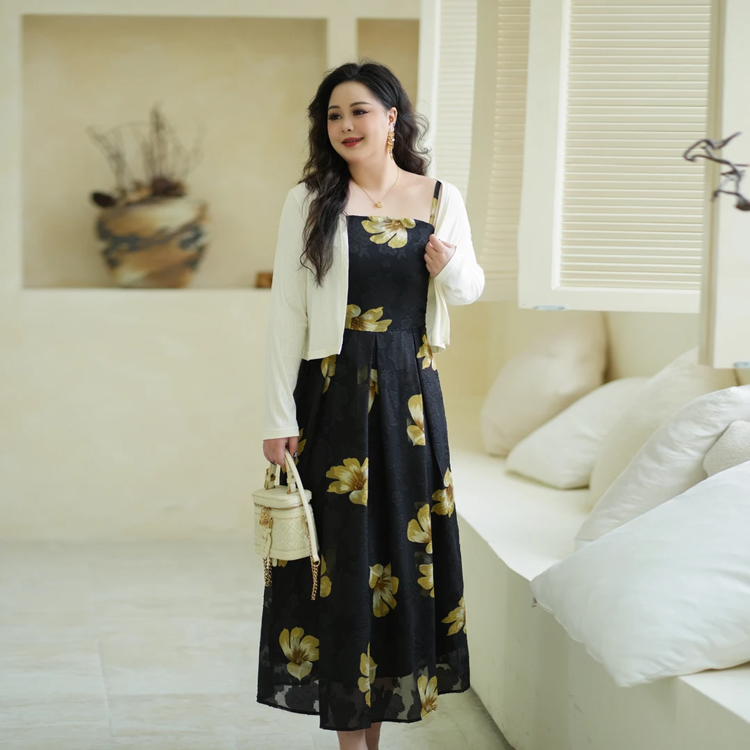 【东方书卷】大码女装秋季连衣裙套装女微胖mm法式开衫吊带裙两件套
