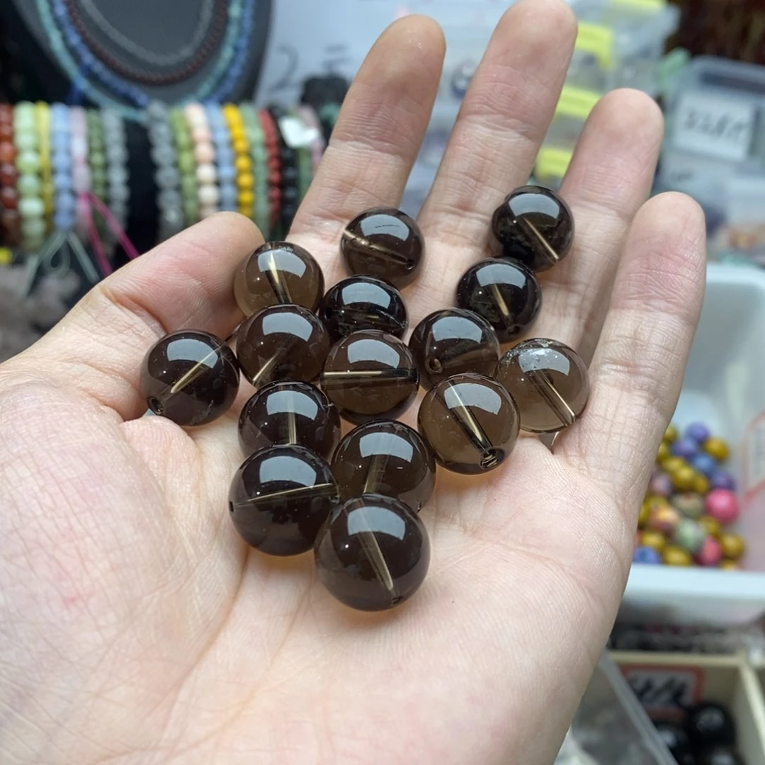玛瑙/玉髓未镶嵌珠宝半成品一个14.5mm透体茶晶微瑕圆珠Q455