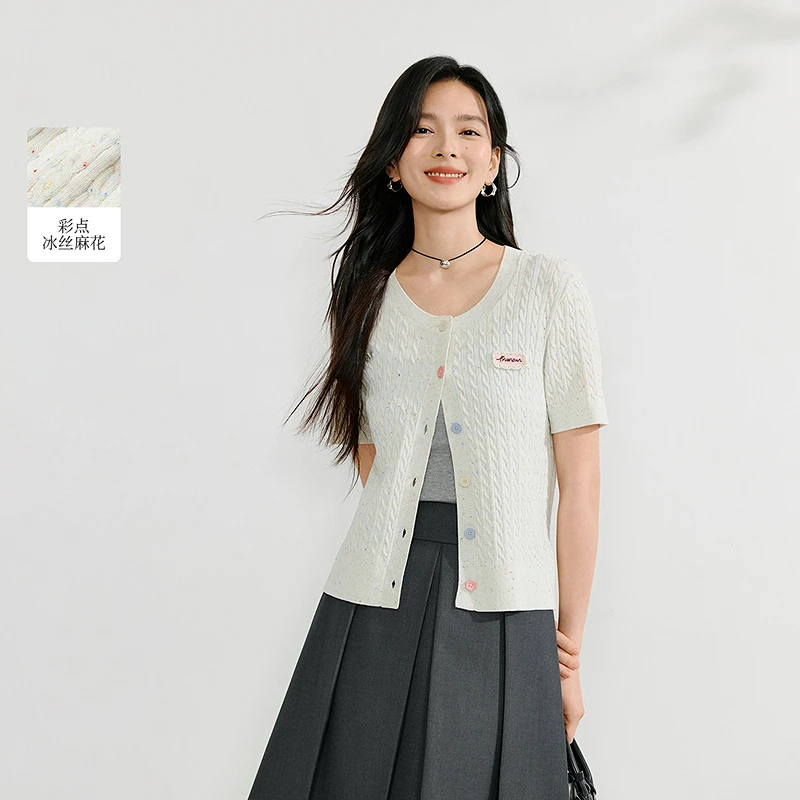 【618抢先购】茵曼彩点冰丝麻花薄款针织衫2025夏季圆领宽松短袖上