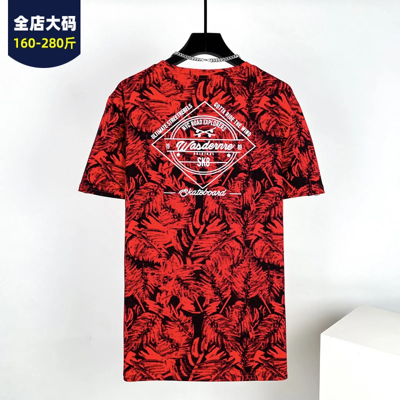 潮牌胖子加肥加大宽松圆领半袖上衣大满印花短袖TX恤夏季透气薄款