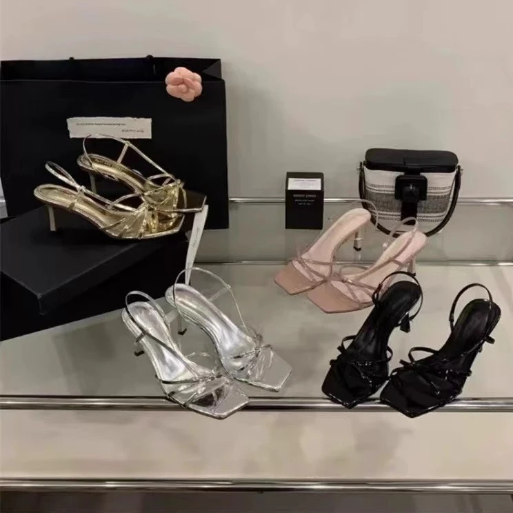 2025夏季新款时尚气质显瘦细跟方头高跟鞋小众设计感裸色露趾凉鞋