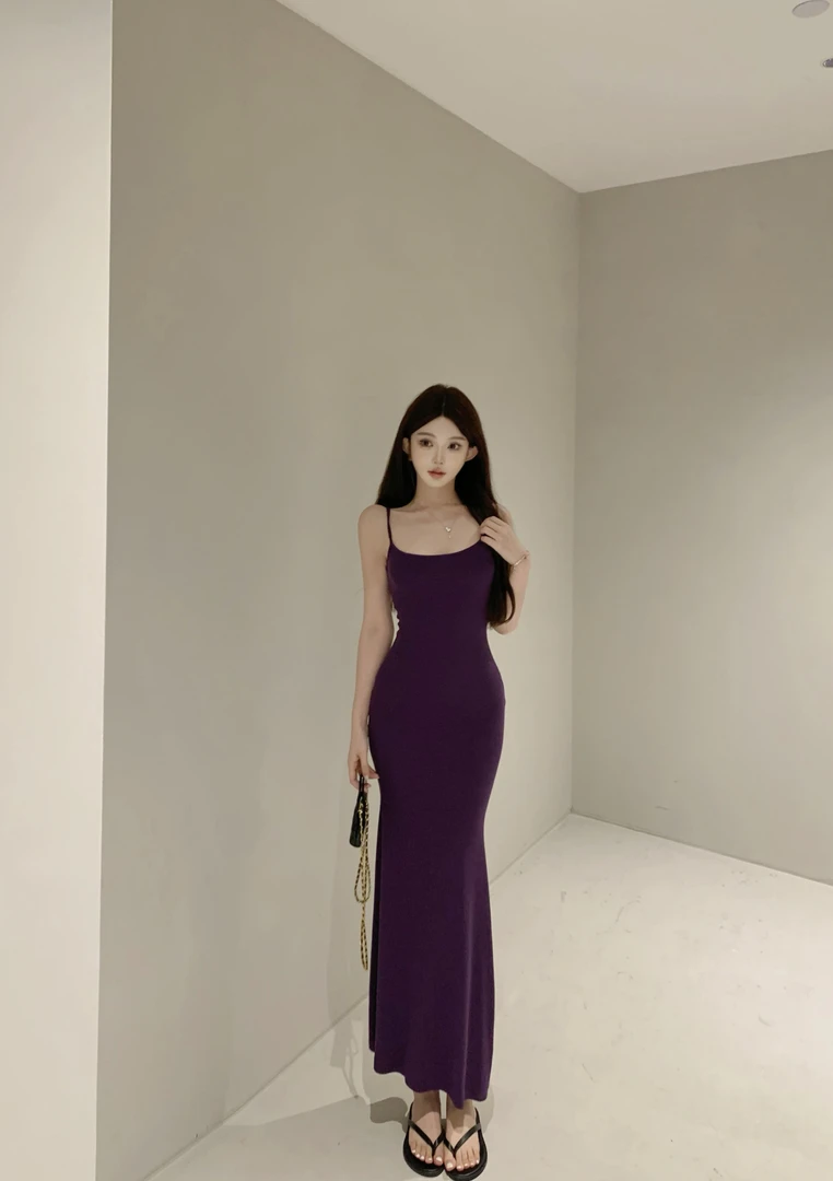 Yucii 吊带鱼尾连衣裙女夏季性感轻熟风修身显瘦收腰紫色长裙