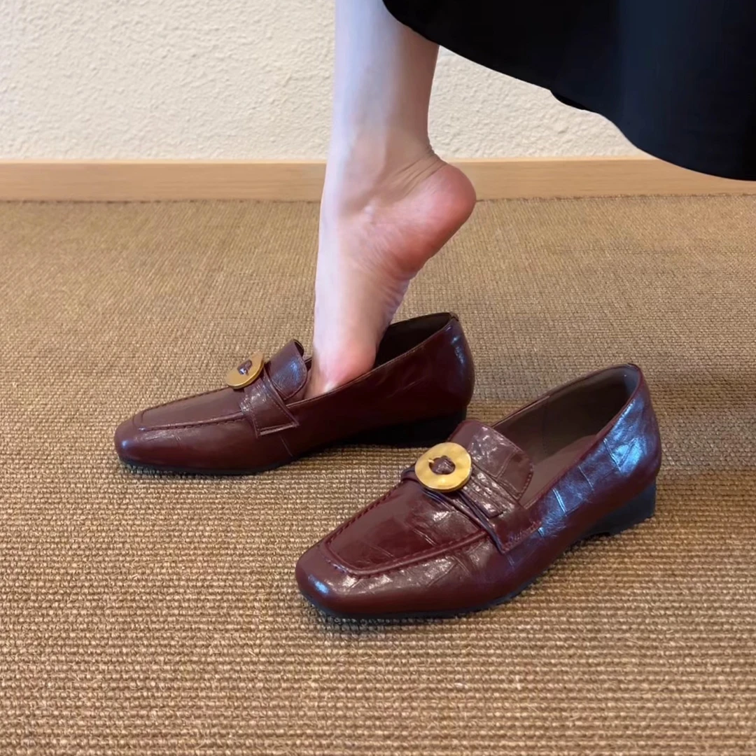 Pokoy-2.5cm法式复古方头褶皱低跟乐福鞋女一字带小皮鞋黑色