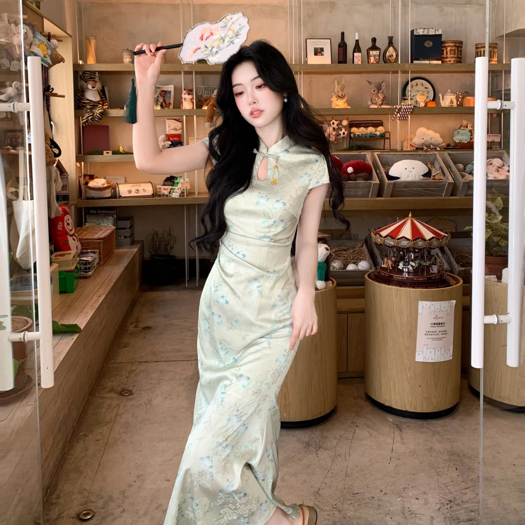 Blovelan二十四桥 新中式水滴领短袖气质旗袍连衣裙
