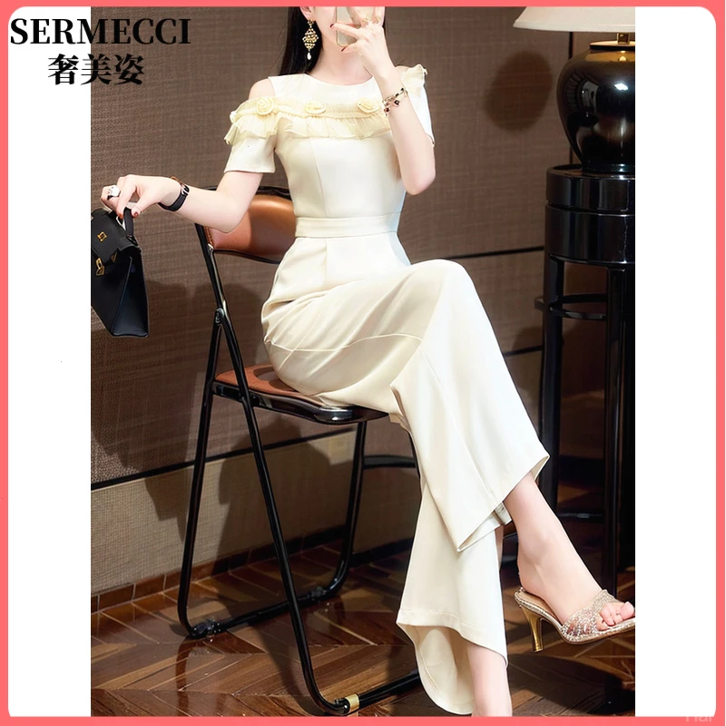 轻熟风名媛高级感2025年夏季新款法式木耳边女神范时尚连体连衣裤