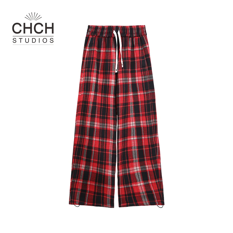 时尚格子直筒裤显瘦百搭休闲长裤女网红直筒格子裤宽松