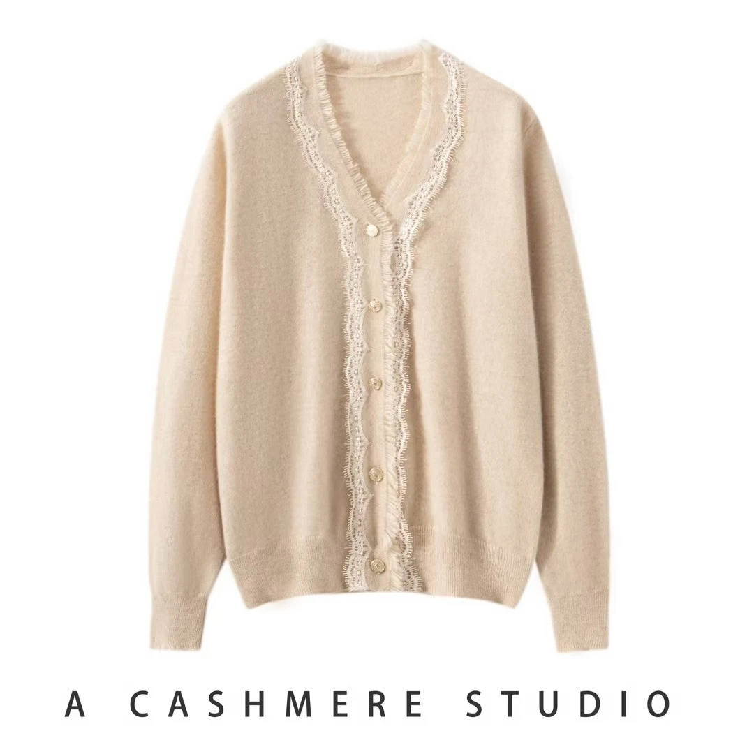 100山羊绒12常规款蕾丝v领系扣流苏开衫