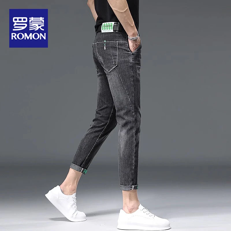 罗蒙高端九分牛仔裤男士春夏款潮流修身小脚裤百搭弹力显瘦小脚裤