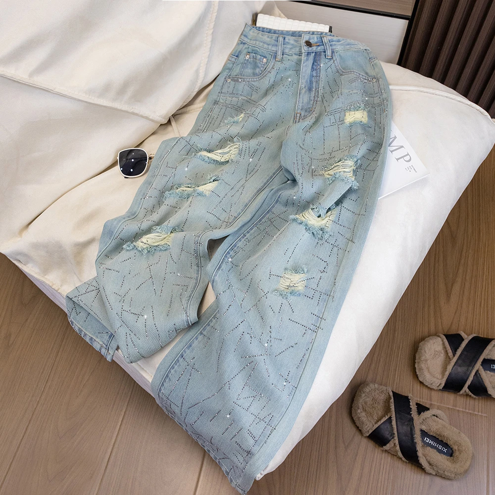 836设计感高腰宽松破洞阔腿牛仔裤女新款烫钻钉珠直筒拖地裤夏季