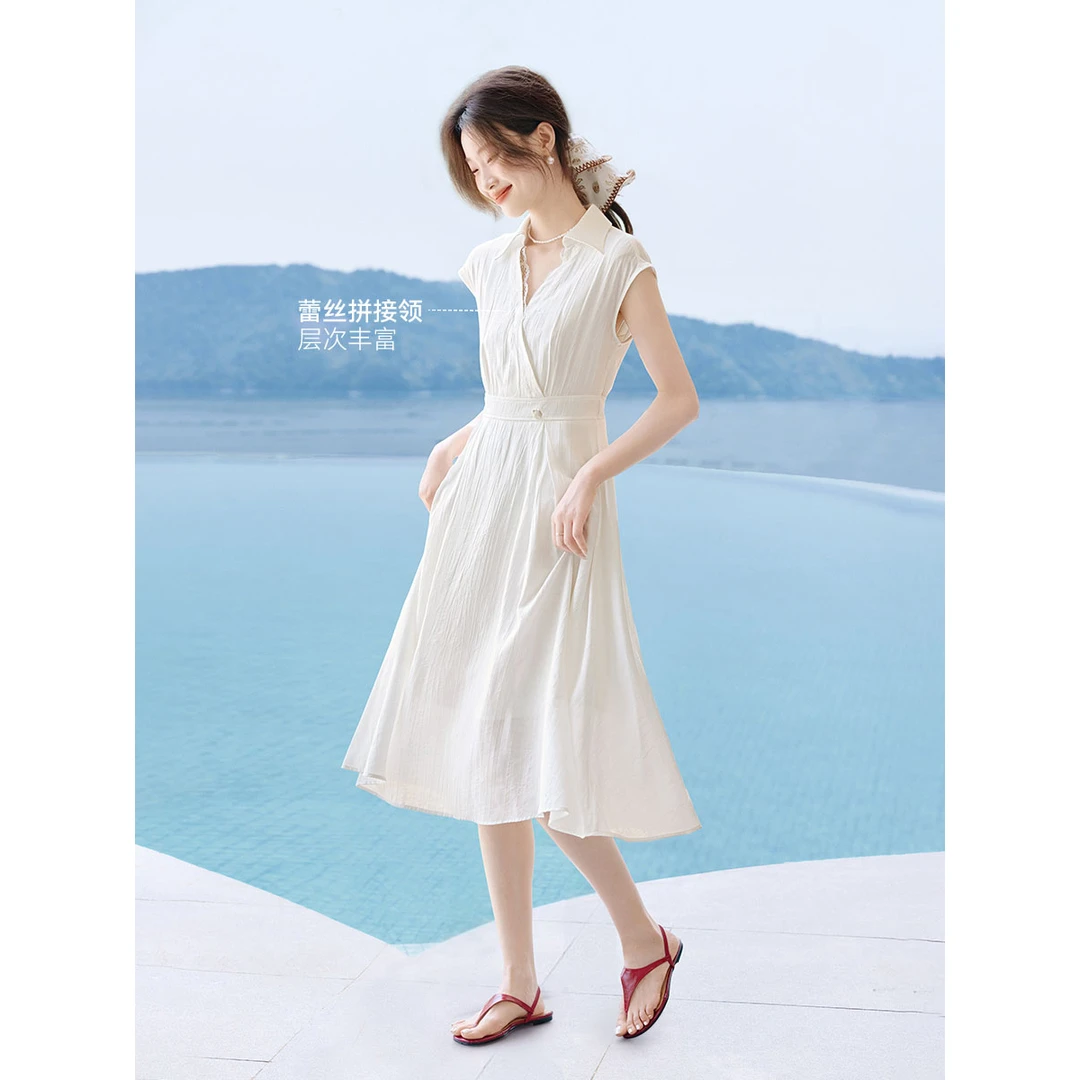 沫晗依美【高智生活】2025夏季新款复古连肩袖衬衫式连衣裙9582