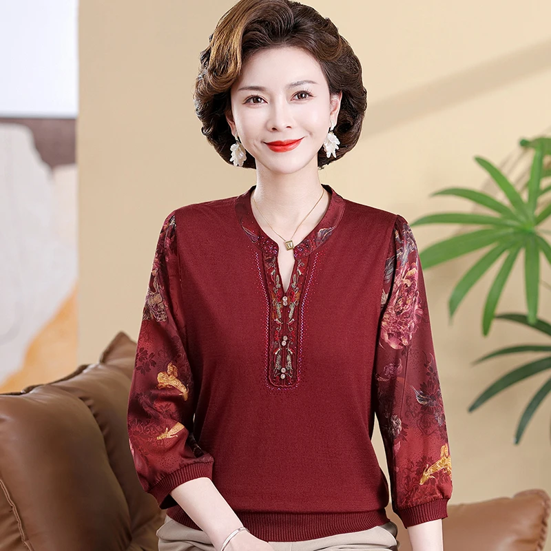 妈妈洋气春秋T恤新款纱袖针织上衣中老年女夏装七分袖打底小衫薄