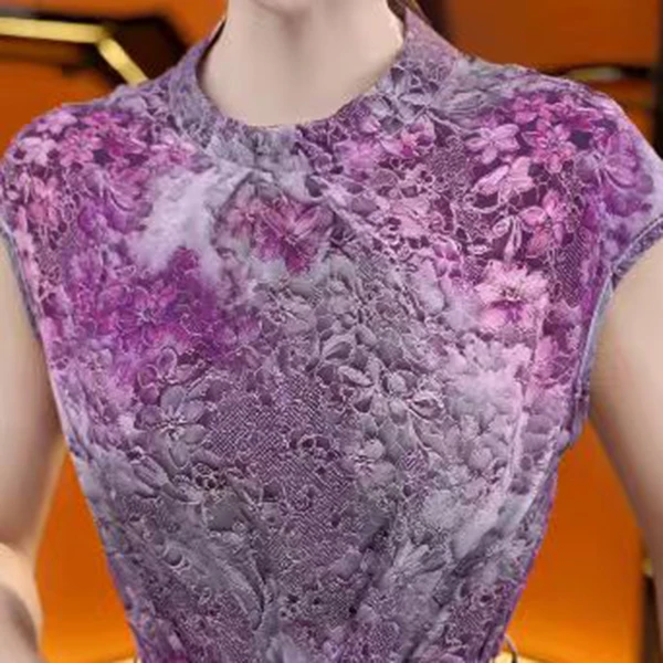 2025苏杭新款气质高端优雅显瘦高级感 灰色紫圆领连衣裙