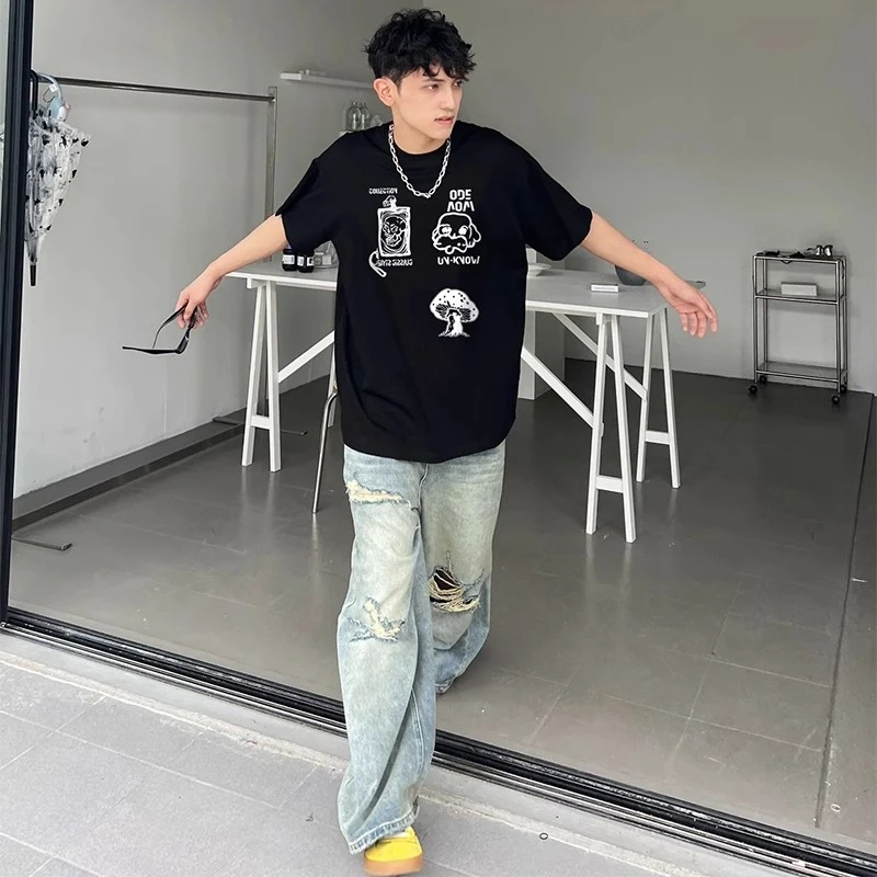 hiphop趣味涂鸦印花短袖男潮牌美式高街宽松重磅纯棉夏季t恤上衣