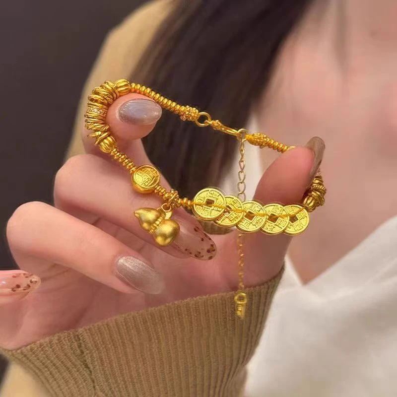 铜合金陶瓷手链 新款福禄复古风百搭高级古法五帝钱拉丝葫芦手串